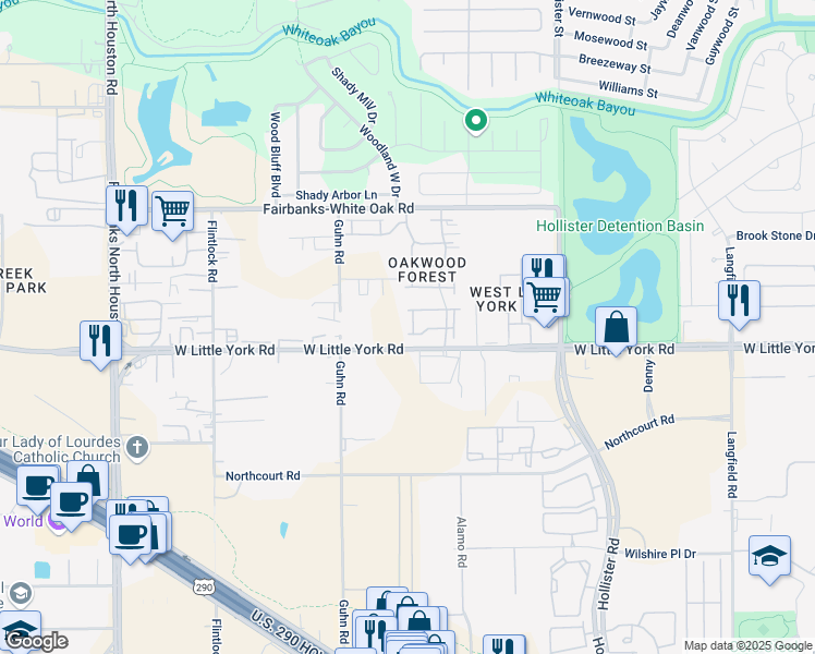 map of restaurants, bars, coffee shops, grocery stores, and more near 6810 Oakwood Grove in Houston