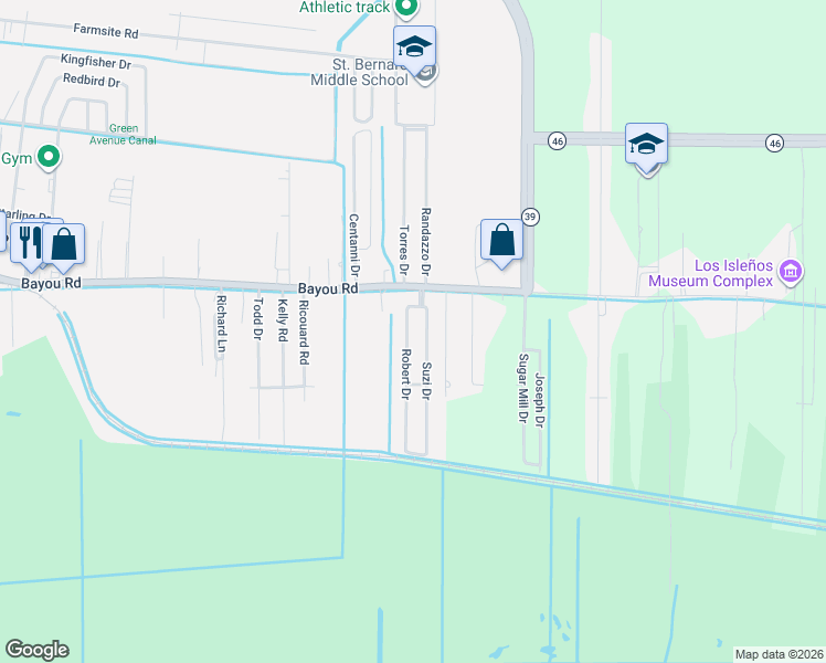 map of restaurants, bars, coffee shops, grocery stores, and more near 1900 Robert Drive in Saint Bernard