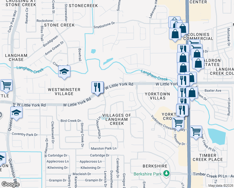 map of restaurants, bars, coffee shops, grocery stores, and more near 16330 Redwicke Lane in Houston