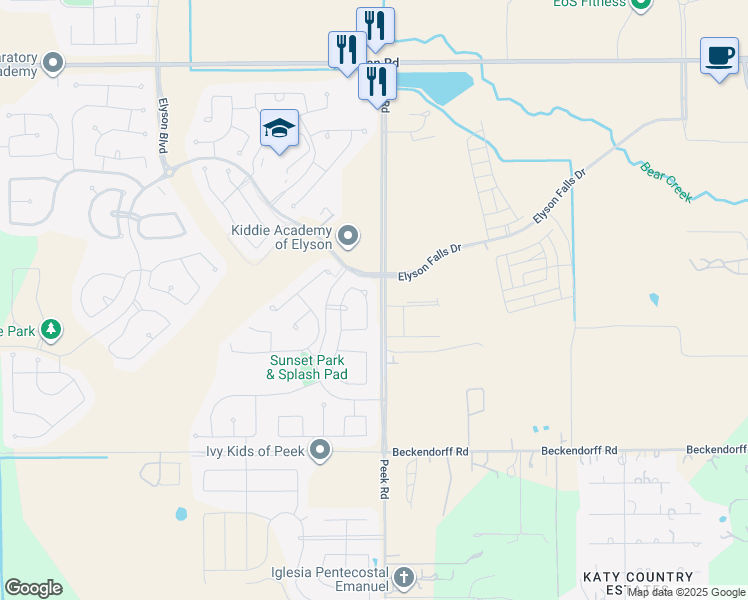 map of restaurants, bars, coffee shops, grocery stores, and more near 6402 Shadowbrook Hollow Trail in Katy