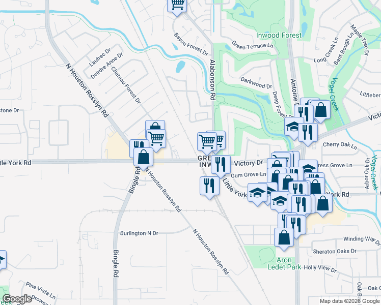 map of restaurants, bars, coffee shops, grocery stores, and more near 6300 West Little York Road in Houston
