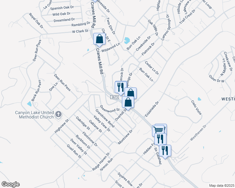 map of restaurants, bars, coffee shops, grocery stores, and more near 237 Lake Park Loop in Canyon Lake