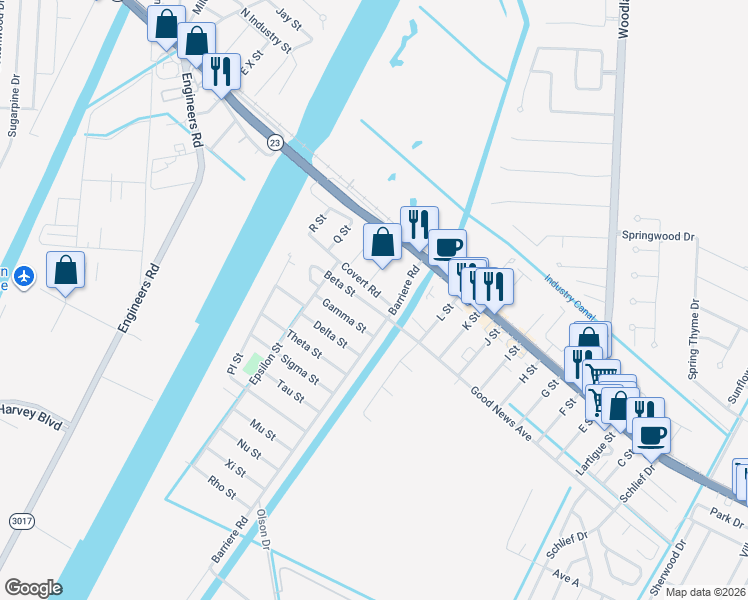 map of restaurants, bars, coffee shops, grocery stores, and more near 109 Beta Street in Belle Chasse