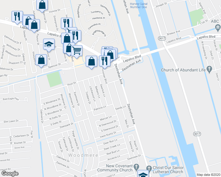 map of restaurants, bars, coffee shops, grocery stores, and more near 2241 Alex Kornman Boulevard in Harvey