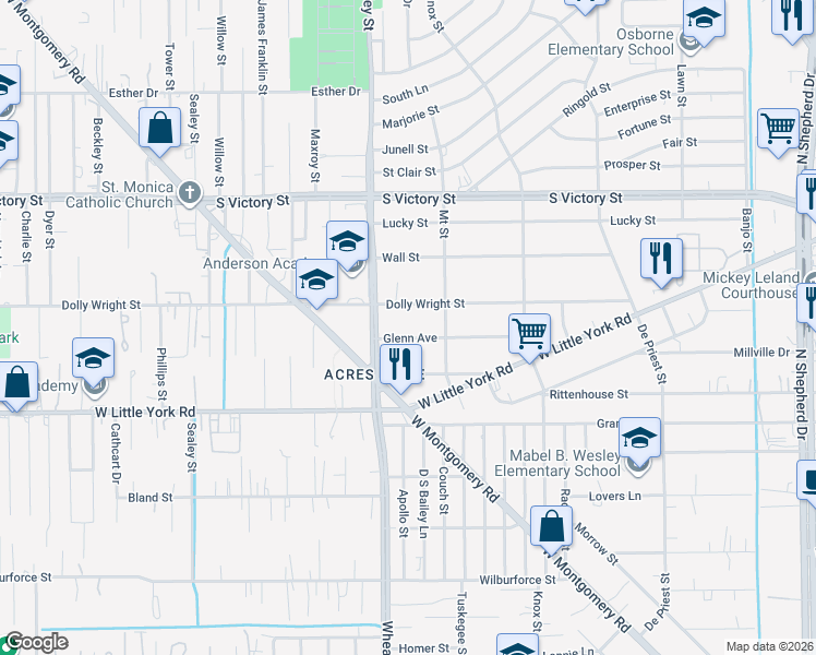 map of restaurants, bars, coffee shops, grocery stores, and more near 1044 Glenn Avenue in Houston