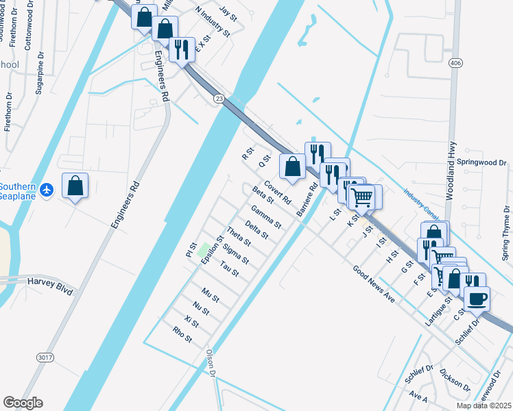 map of restaurants, bars, coffee shops, grocery stores, and more near 121 Gamma Street in Belle Chasse