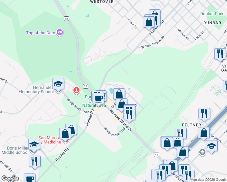 map of restaurants, bars, coffee shops, grocery stores, and more near 1951 Hunter Road in San Marcos