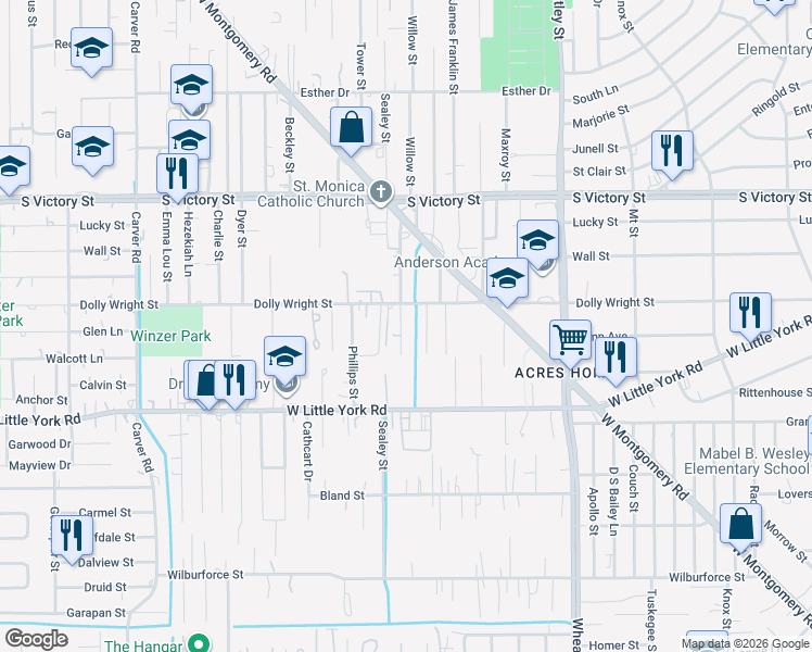 map of restaurants, bars, coffee shops, grocery stores, and more near 7344 Sandle Street in Houston
