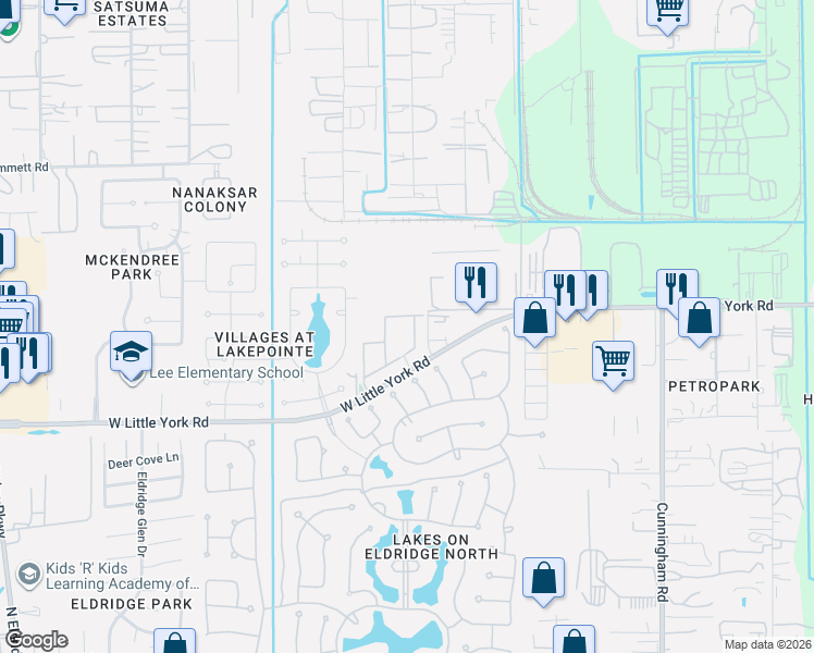 map of restaurants, bars, coffee shops, grocery stores, and more near 12410 West Little York Road in Houston