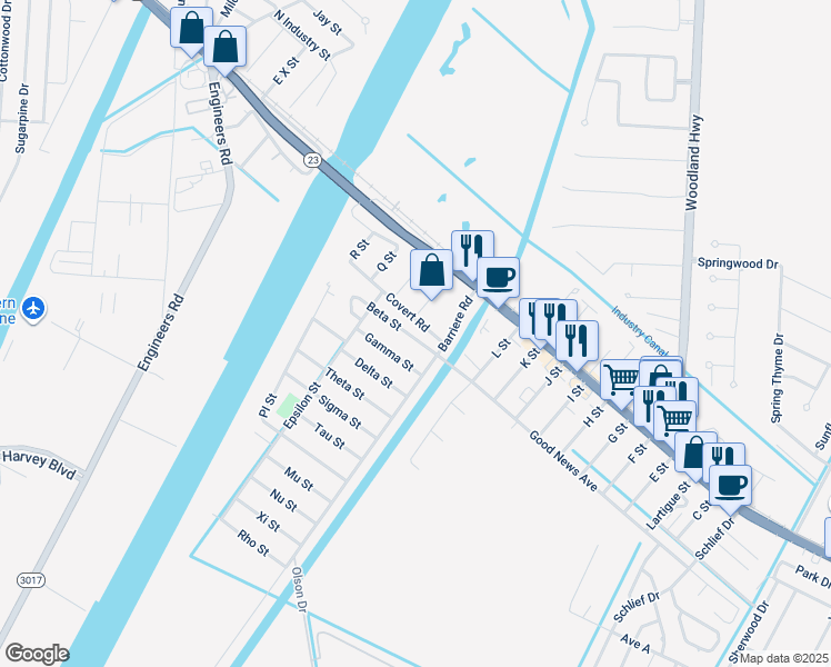 map of restaurants, bars, coffee shops, grocery stores, and more near 109 Beta Street in Belle Chasse