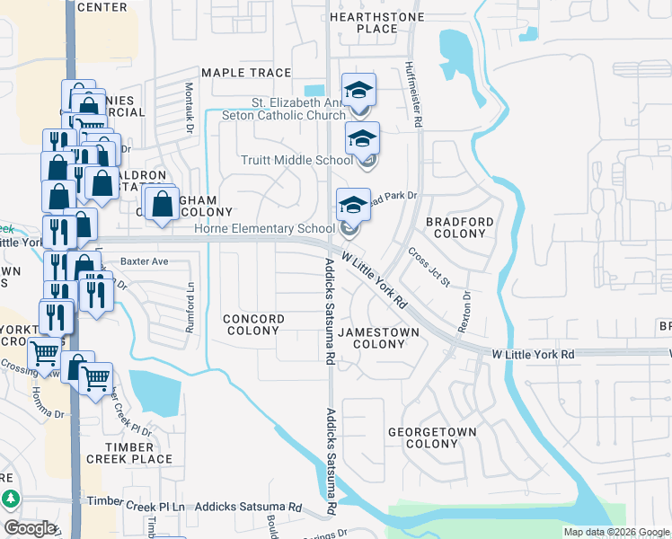 map of restaurants, bars, coffee shops, grocery stores, and more near 14927 James River Lane in Houston