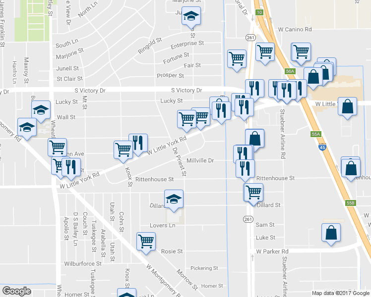 map of restaurants, bars, coffee shops, grocery stores, and more near 7315 Andy Drive in Houston