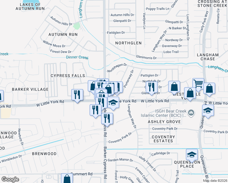 map of restaurants, bars, coffee shops, grocery stores, and more near 17822 Glenmark Drive in Houston