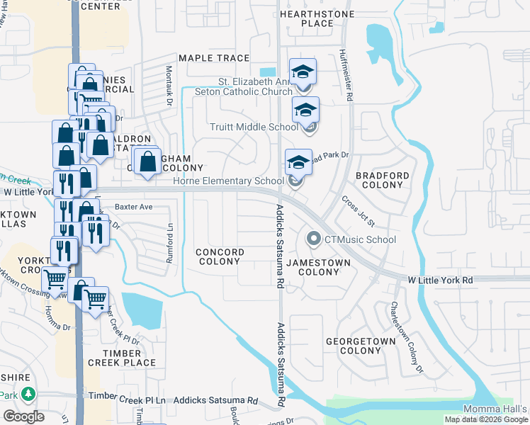 map of restaurants, bars, coffee shops, grocery stores, and more near 15018 Tinker Street in Houston