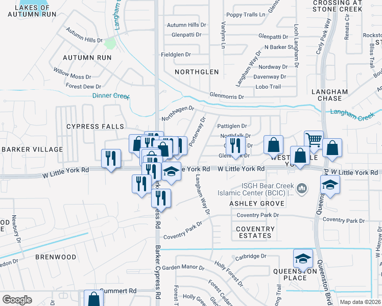 map of restaurants, bars, coffee shops, grocery stores, and more near 6308 Porterway Drive in Houston