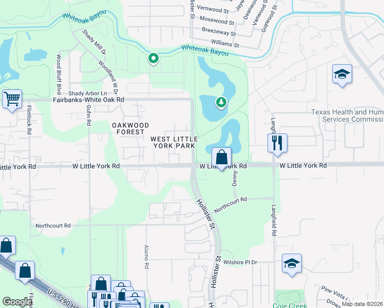 map of restaurants, bars, coffee shops, grocery stores, and more near 7756-7898 Fairbanks-White Oak Road in Houston