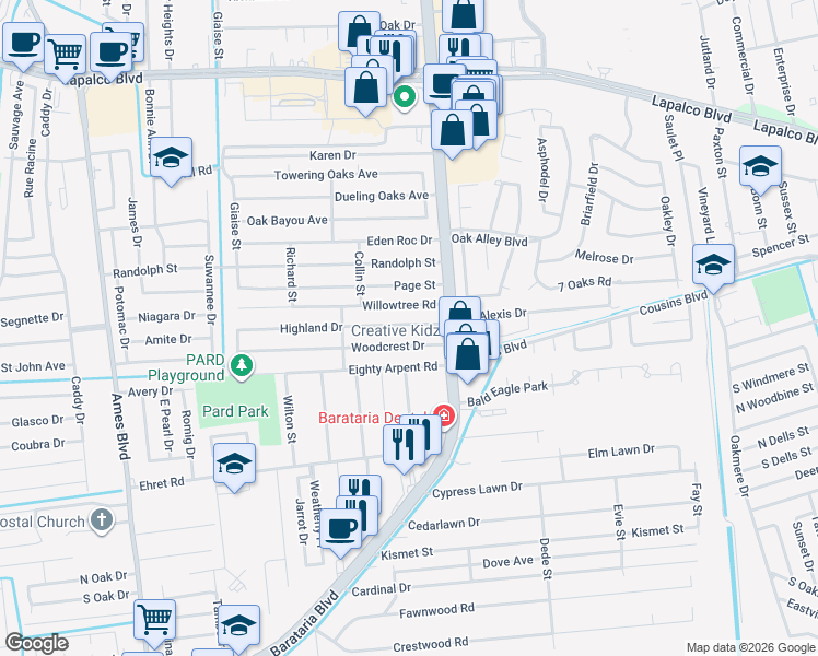 map of restaurants, bars, coffee shops, grocery stores, and more near 5037 Highland Drive in Marrero