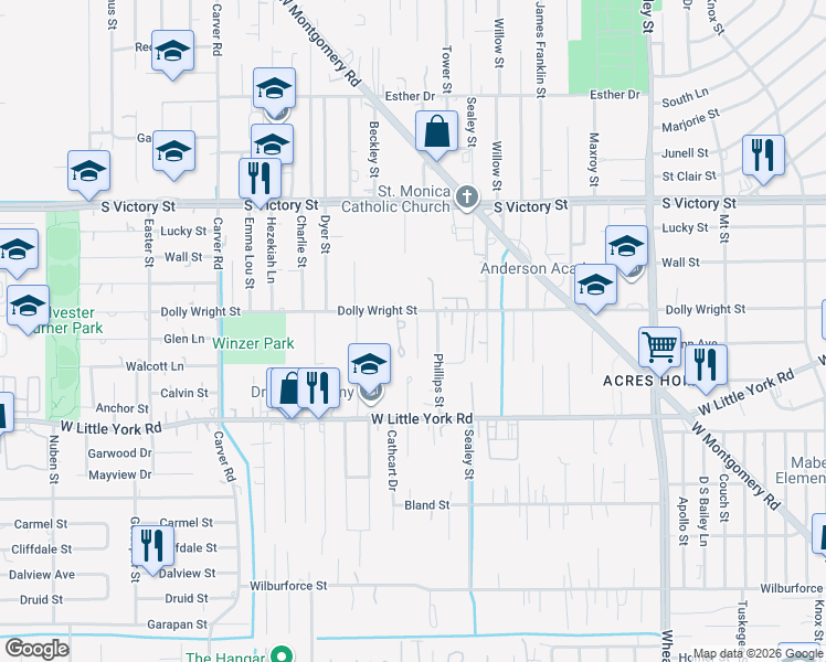 map of restaurants, bars, coffee shops, grocery stores, and more near 7333 Parkes Street in Houston