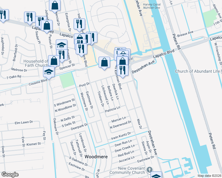 map of restaurants, bars, coffee shops, grocery stores, and more near 2232 Deerlick Lane in Harvey