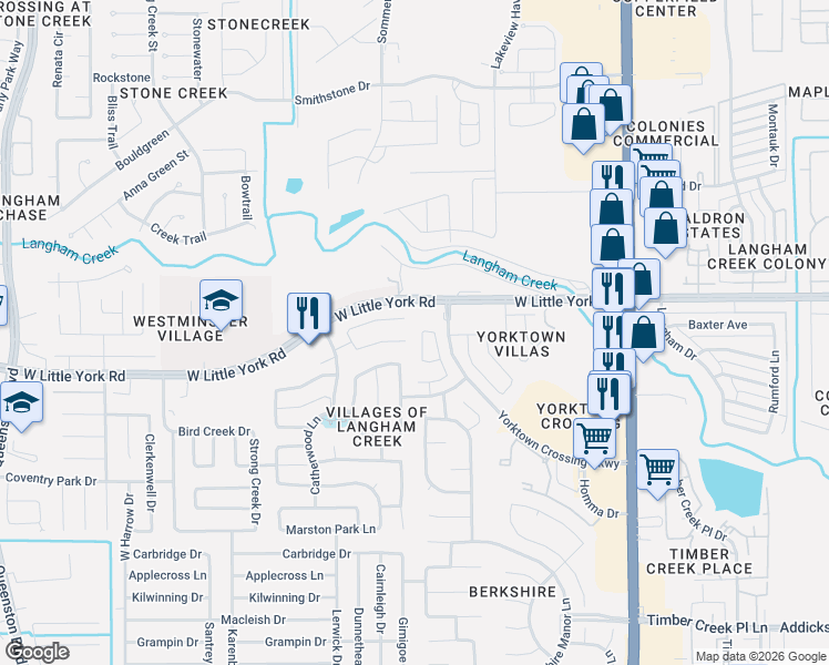 map of restaurants, bars, coffee shops, grocery stores, and more near 6155 Morningshire Lane in Houston