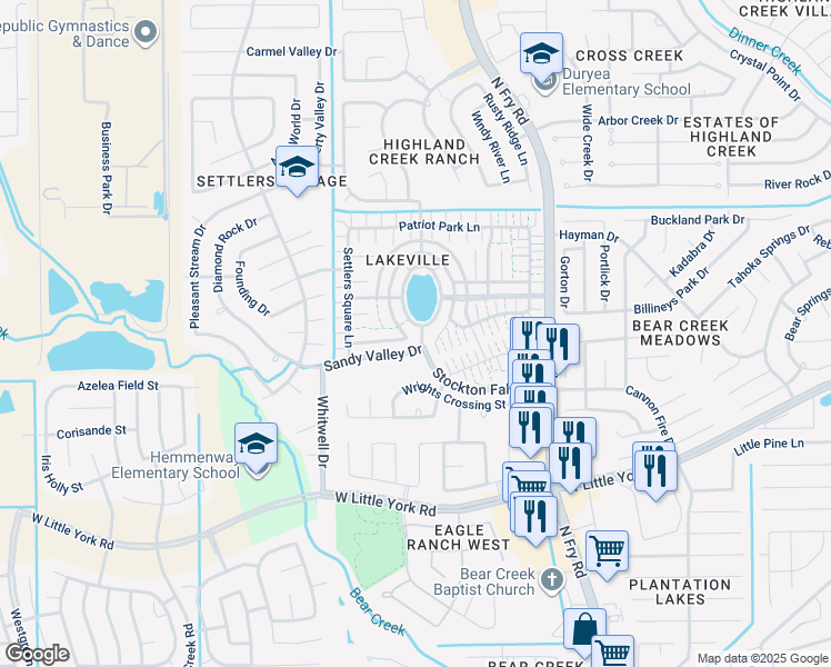 map of restaurants, bars, coffee shops, grocery stores, and more near 6110 Settlers Lake Circle West in Katy