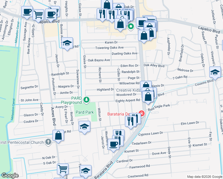 map of restaurants, bars, coffee shops, grocery stores, and more near 5105 Highland Drive in Marrero