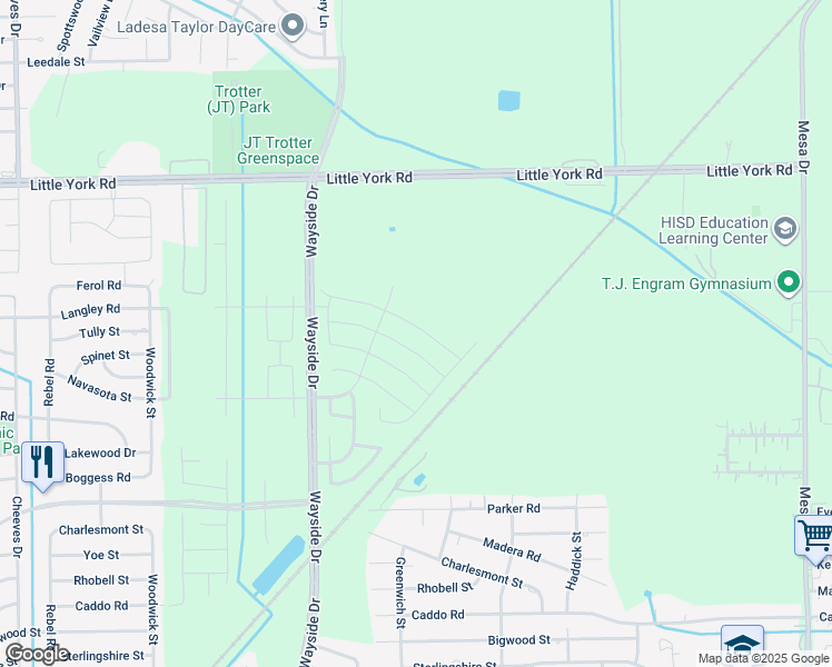 map of restaurants, bars, coffee shops, grocery stores, and more near Blooming Meadow Lane in Houston