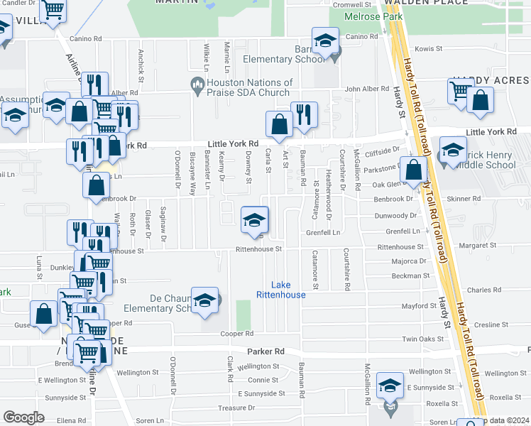 map of restaurants, bars, coffee shops, grocery stores, and more near 11335 Carla Street in Houston