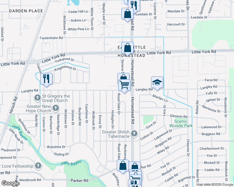 map of restaurants, bars, coffee shops, grocery stores, and more near 10551 Royal Oaks Drive in Houston