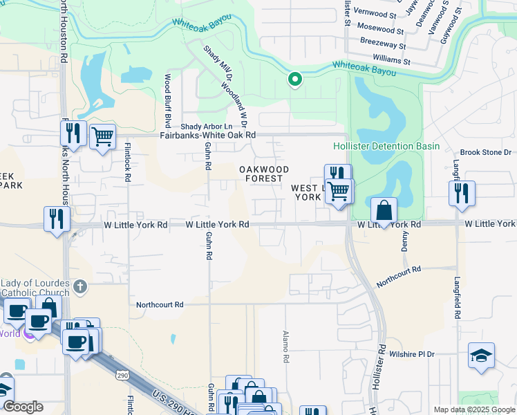 map of restaurants, bars, coffee shops, grocery stores, and more near 6810 Oakwood Grove in Houston