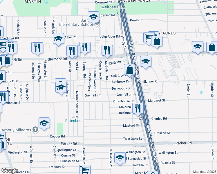 map of restaurants, bars, coffee shops, grocery stores, and more near 701 Dunwoody Drive in Houston