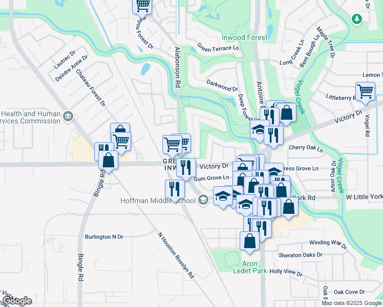 map of restaurants, bars, coffee shops, grocery stores, and more near 7215 Tall Pines Drive in Houston