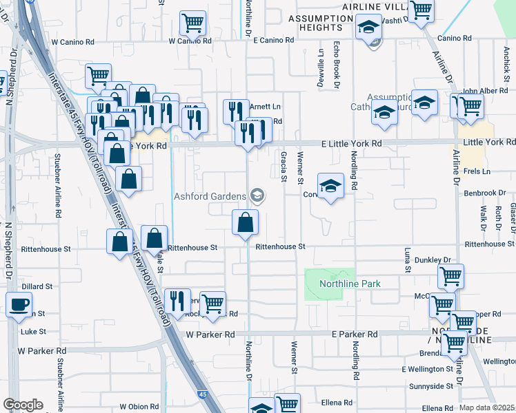 map of restaurants, bars, coffee shops, grocery stores, and more near 7210 Northline Drive in Houston