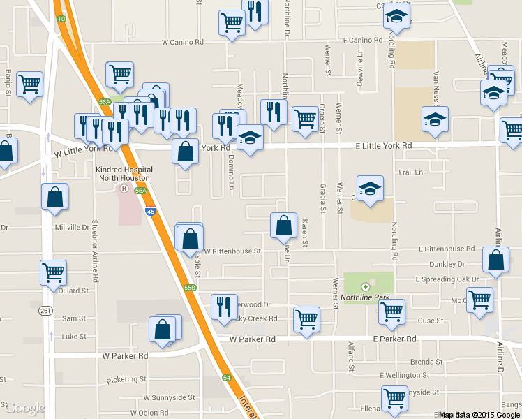 map of restaurants, bars, coffee shops, grocery stores, and more near 7211 Northline Drive in Houston