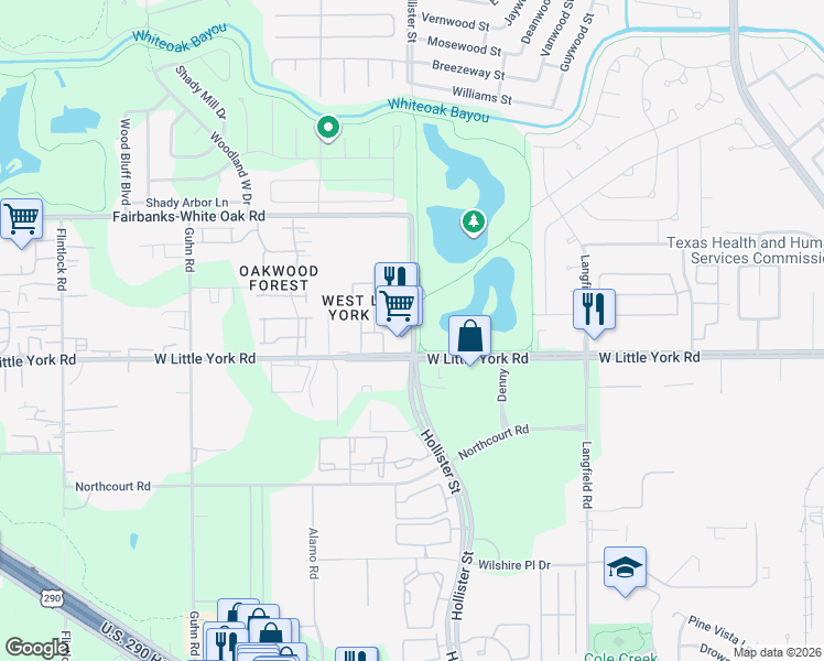 map of restaurants, bars, coffee shops, grocery stores, and more near 7756-7898 Fairbanks-White Oak Road in Houston