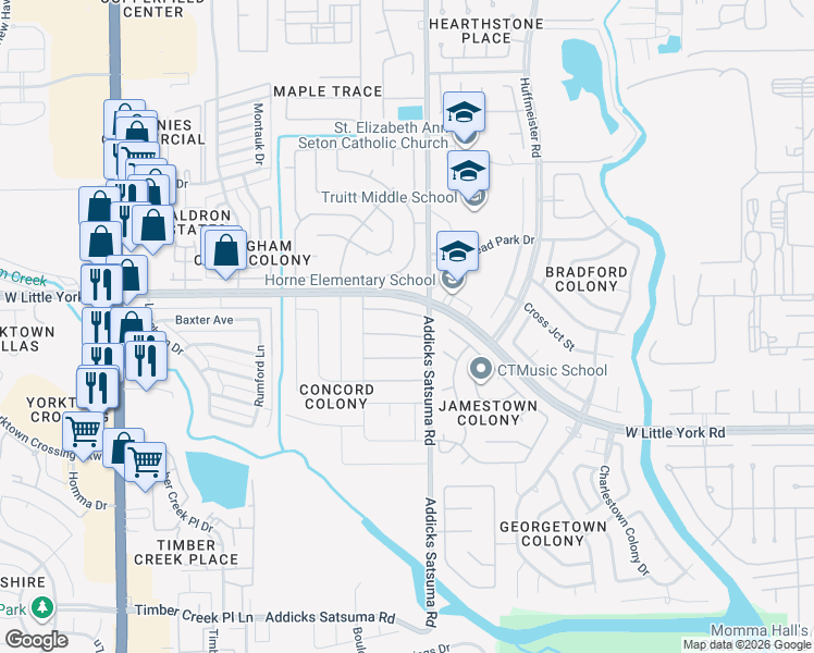 map of restaurants, bars, coffee shops, grocery stores, and more near 15018 Tinker Street in Houston