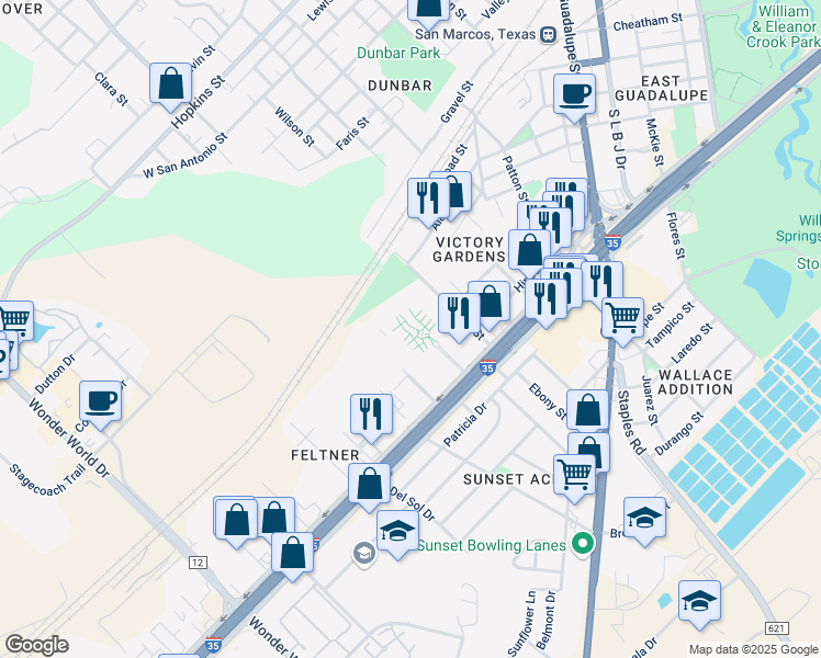 map of restaurants, bars, coffee shops, grocery stores, and more near 1506 South Interstate 35 in San Marcos