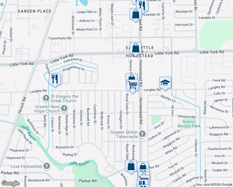 map of restaurants, bars, coffee shops, grocery stores, and more near 10550 Bretton Drive in Houston