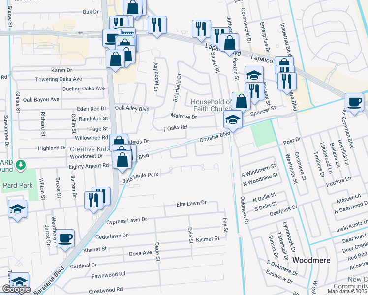 map of restaurants, bars, coffee shops, grocery stores, and more near 2100 Dierdorff Street in Marrero
