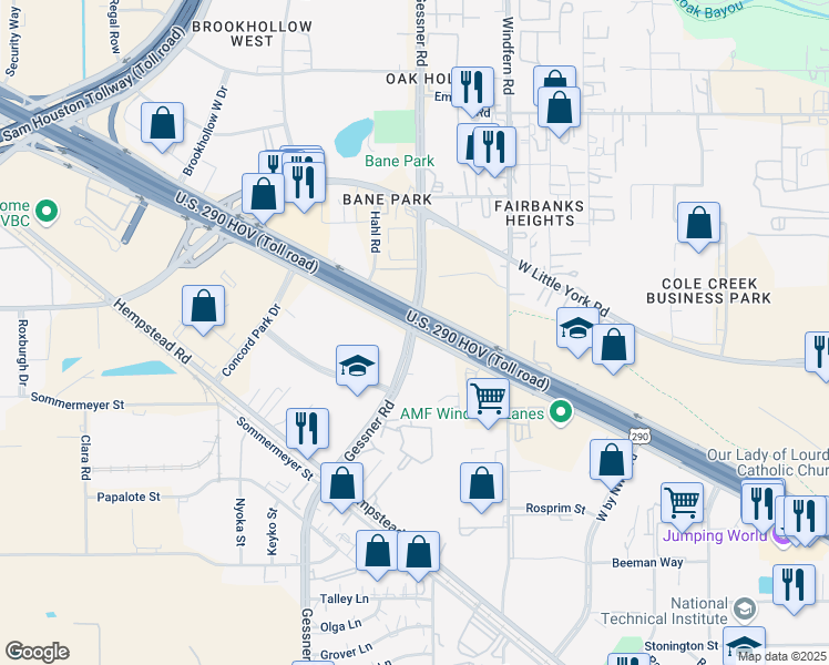 map of restaurants, bars, coffee shops, grocery stores, and more near 7272 North Gessner Road in Houston