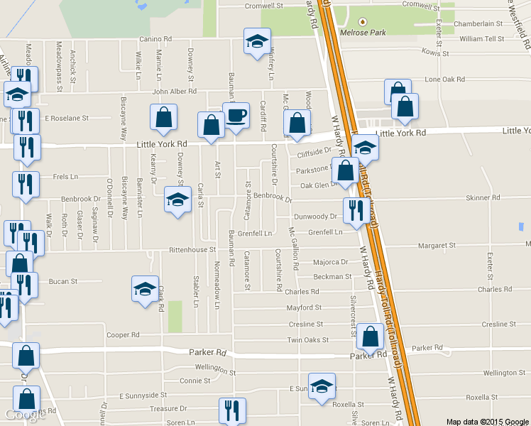 map of restaurants, bars, coffee shops, grocery stores, and more near 11402 Heatherwood Drive in Houston