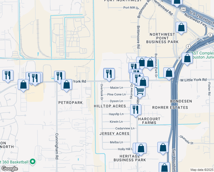 map of restaurants, bars, coffee shops, grocery stores, and more near 11130 Maize Lane in Houston