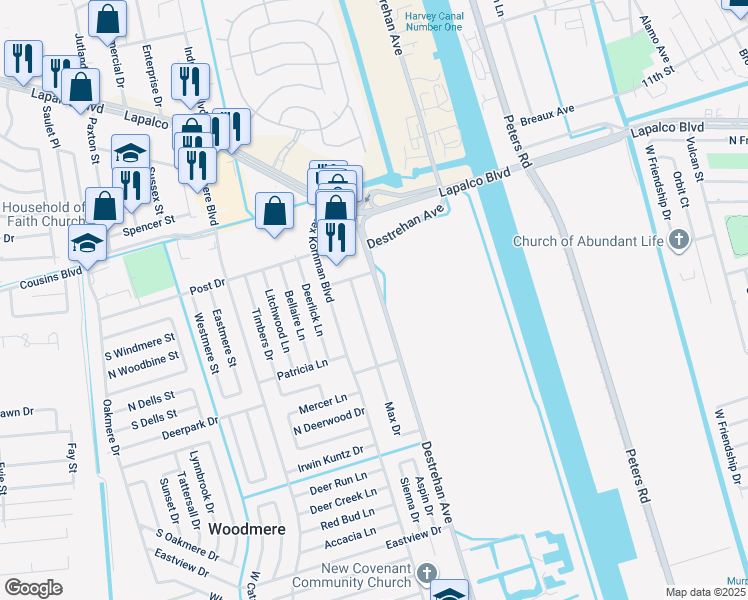 map of restaurants, bars, coffee shops, grocery stores, and more near 2628 Destrehan Avenue in Harvey