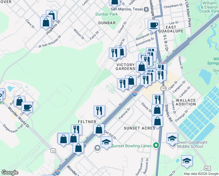 map of restaurants, bars, coffee shops, grocery stores, and more near 1506 South Interstate 35 in San Marcos