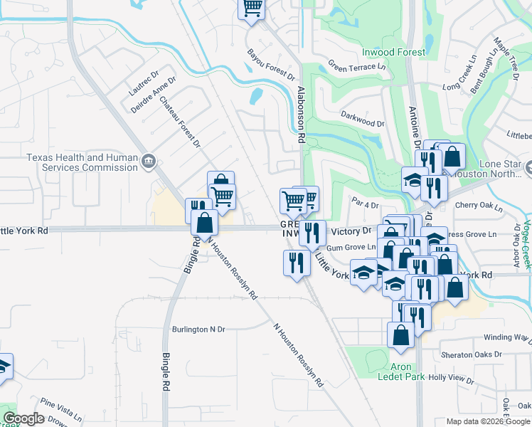 map of restaurants, bars, coffee shops, grocery stores, and more near 6300 West Little York Road in Houston