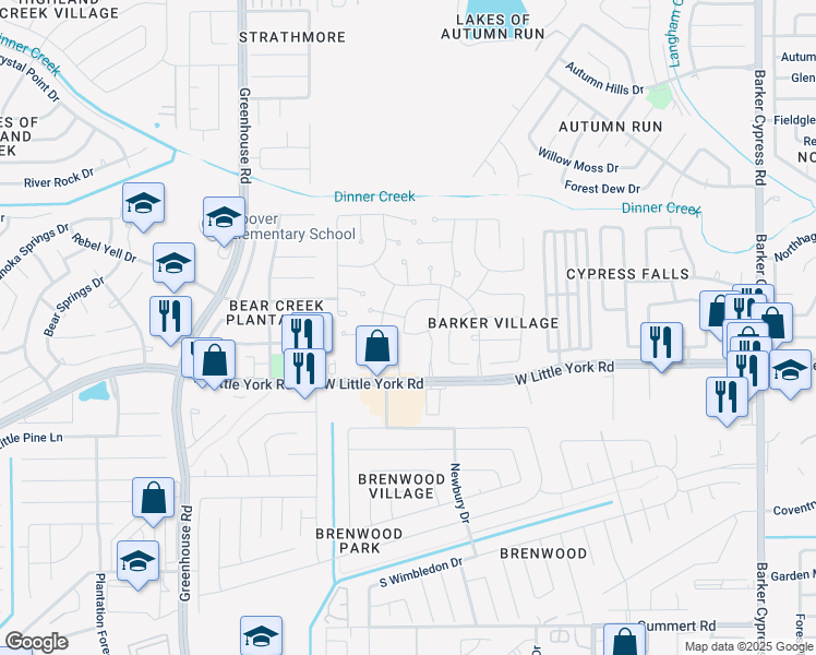 map of restaurants, bars, coffee shops, grocery stores, and more near 6410 Bayliss Valley Lane in Katy