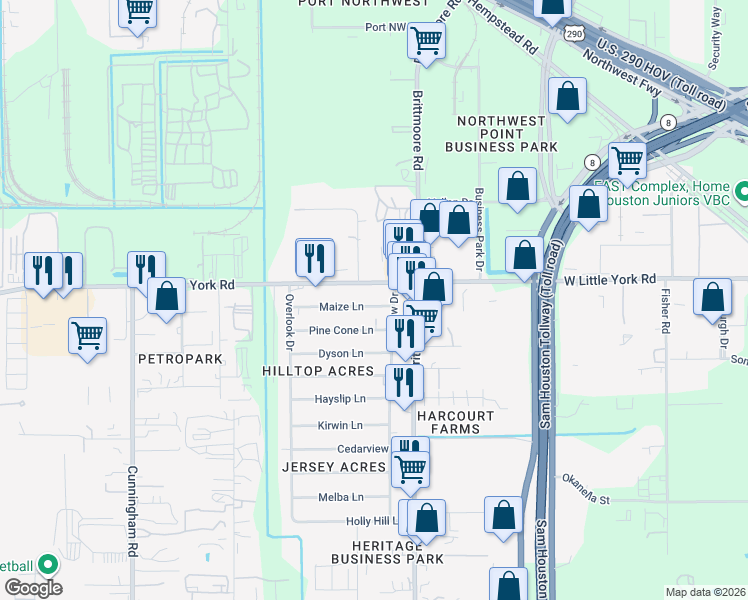 map of restaurants, bars, coffee shops, grocery stores, and more near 11014 Maize Lane in Houston