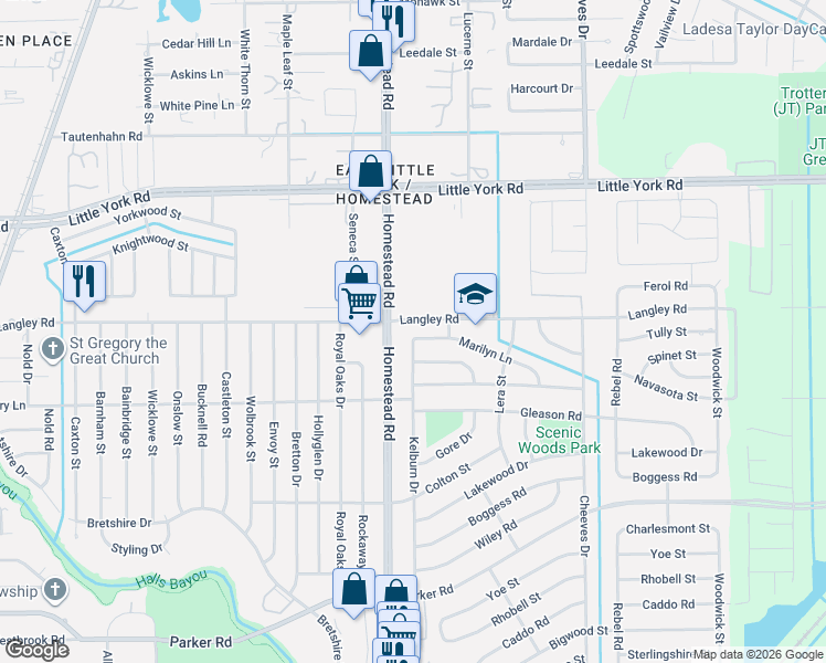 map of restaurants, bars, coffee shops, grocery stores, and more near 7210 Langley Road in Houston