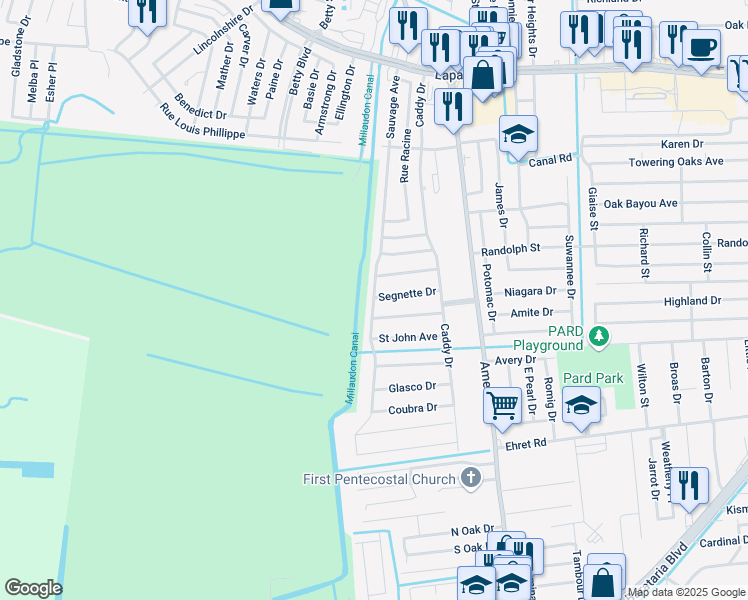 map of restaurants, bars, coffee shops, grocery stores, and more near 2236 Sauvage Avenue in Marrero