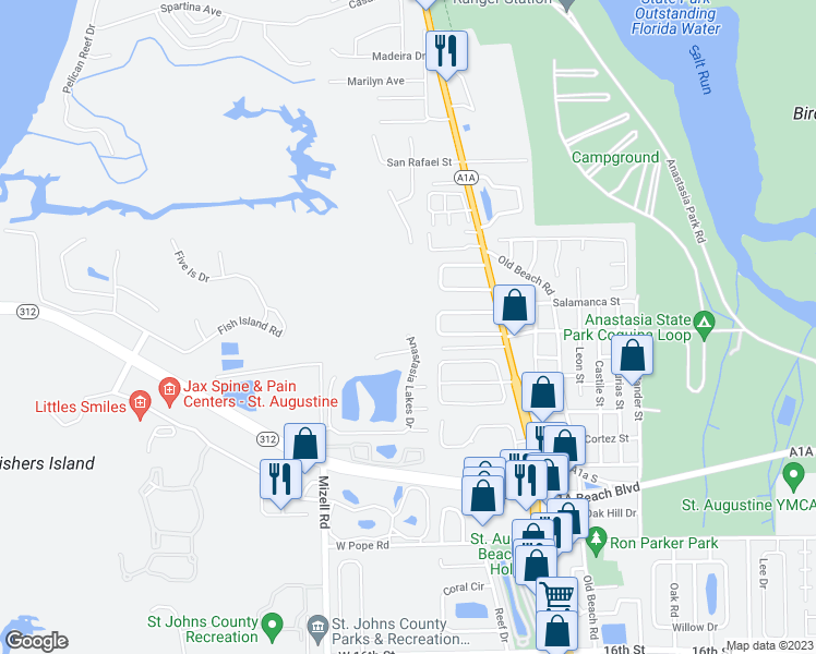 map of restaurants, bars, coffee shops, grocery stores, and more near 198 Anastasia Lakes Drive in St. Augustine
